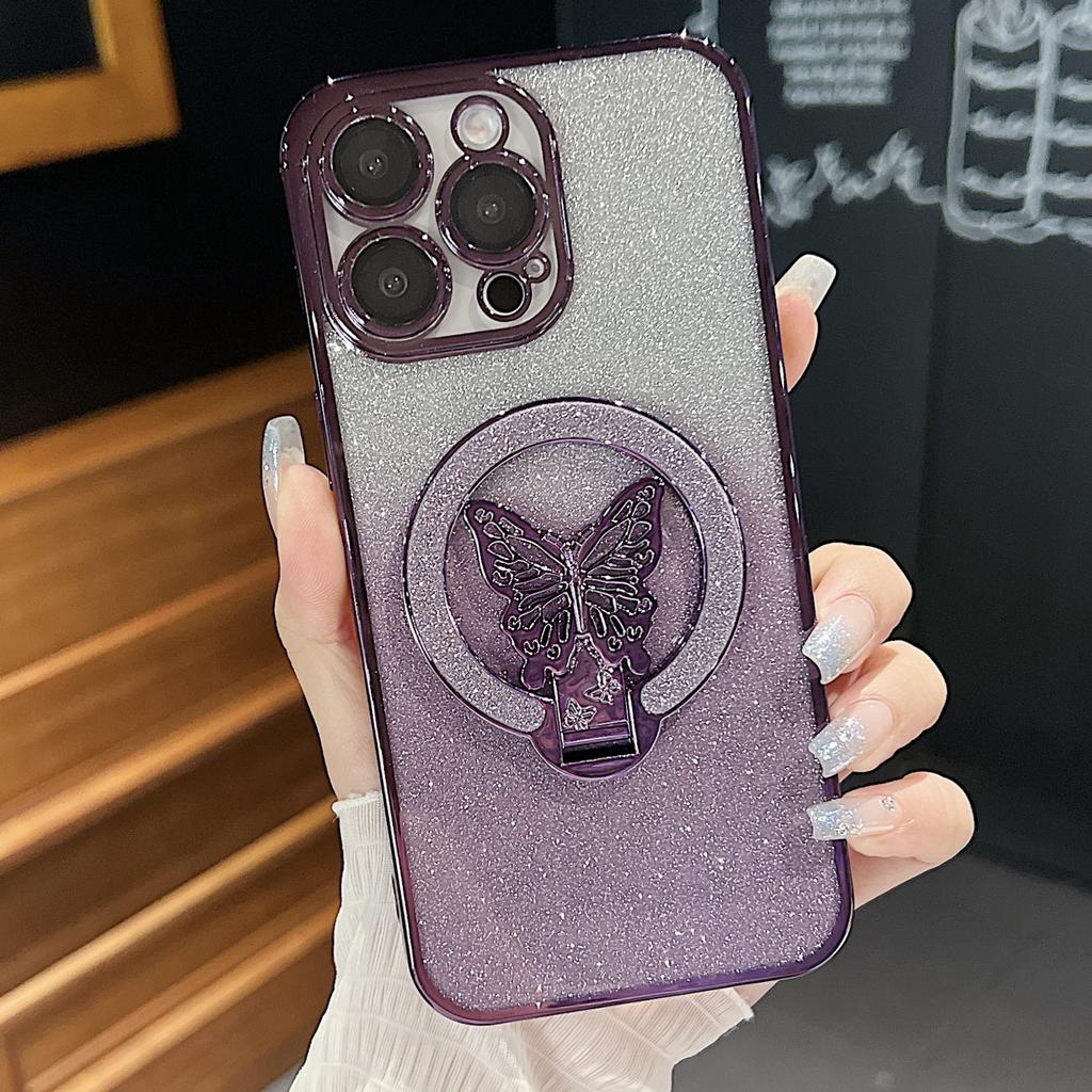 Pour Apple 16 Support Papillon Coque de Téléphone pour IPhone 15 Promax Miroir Plaqué Dégradé Poudre Scintillante 14 Coque Dure