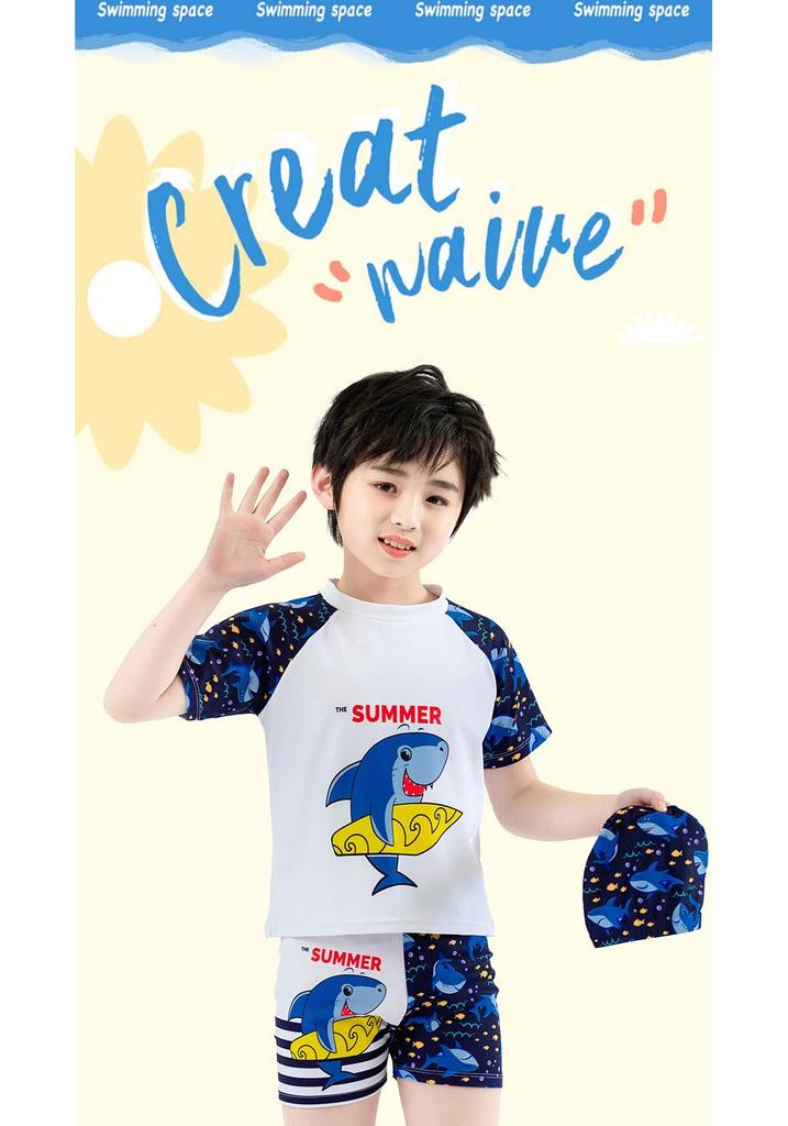 Boys' Dinosaur Two-Piece Swimsuit with Swim Cap for Infants and Toddlers
