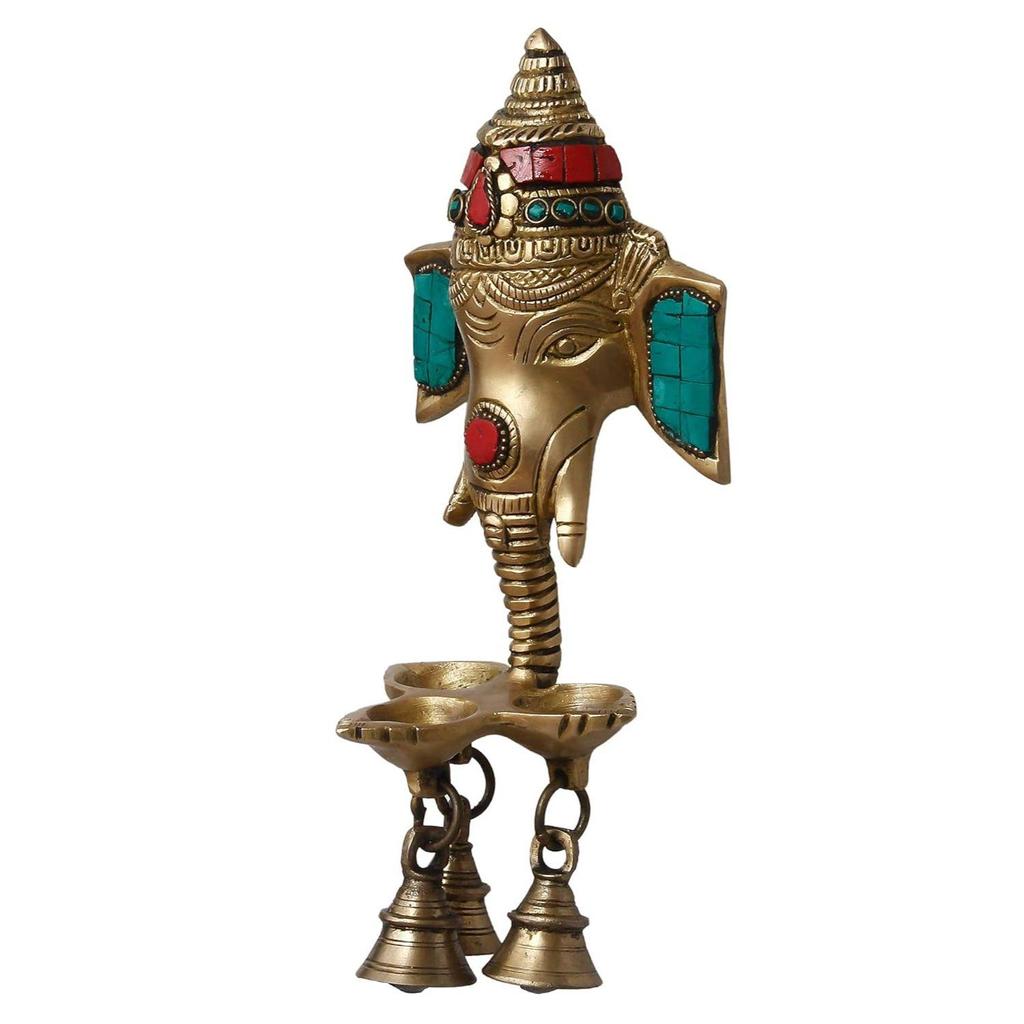 Golden & Colorful Stone Work Handcrafted Lord Ganesha Wall Hanging Brass Diya of 3 Wicks with 3 Bells - Designer Diya, Deepam for Home