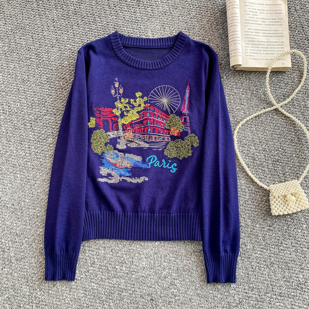 Autumn Winter Women O-neck Embroidery Flower Knitted Sweater Pullover Tops for School Girl
