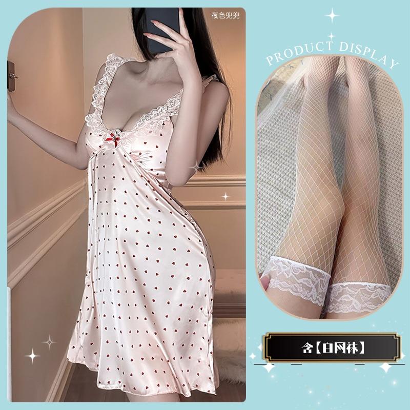 Ice silk suspender nightgown, sexy lace pajamas, spring and autumn pure desire wind women's summer loungewear with chest pads