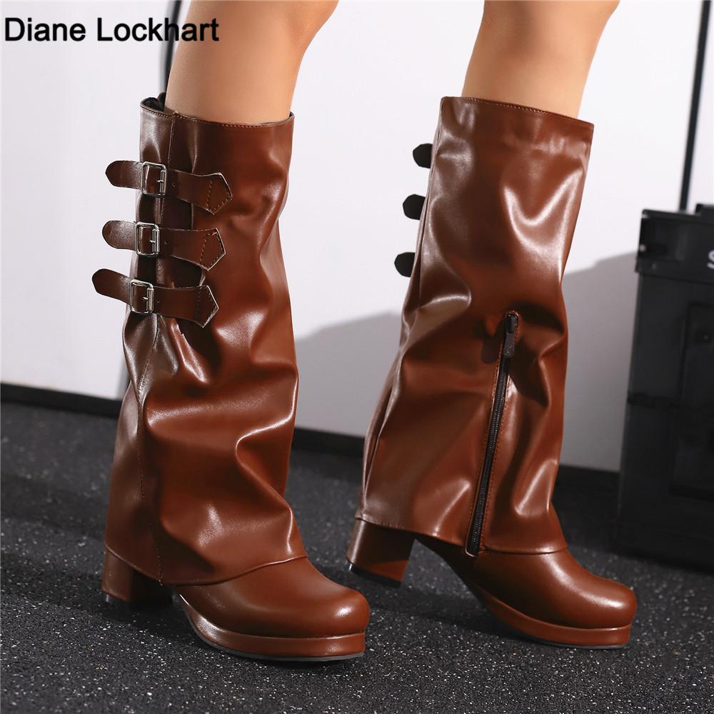 Fashion Women Thick Bottom Motorcycle Boots Women Knee High Boots Autumn Winter Women Gothic Punk Buckle Casual Boots Brown White Black