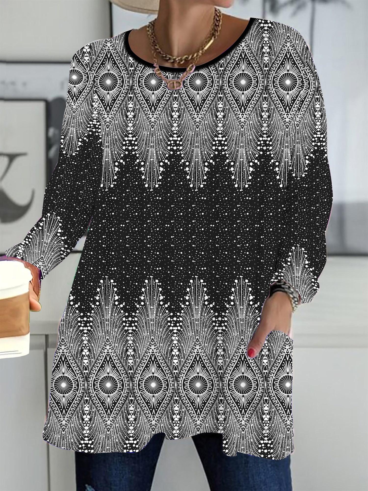 

2025 Осень Зима Новые Женские Топы Большого Размера, Винтажный Узор 3D Принт Модные Футболки с Круглым Вырезом и Длинным Рукавом 1XL чёрный