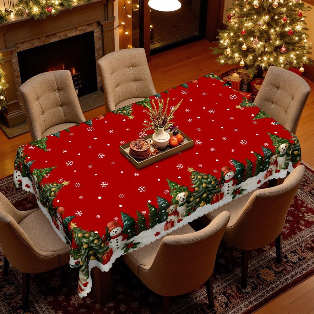 Christmas Cute Pet Snowman Round Tablecloth, Family Party Table Decorative Cloth, Warm Winter Atmosphere Layout