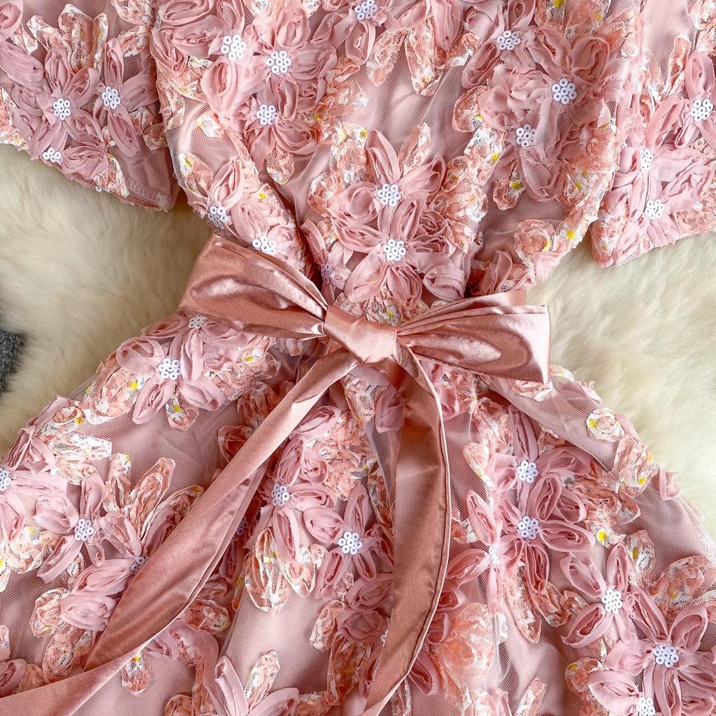 Femei de vară, elegantă, roz, cu paiete, broderie florală, plasă, rochie de prințesă, dulce aniversare, petrecere de seară, rochii de bal