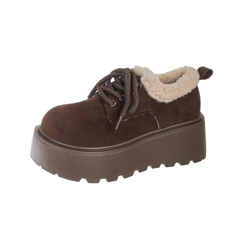 

Модные меховые женские зимние ботильоны на платформе, замшевые, на среднем каблуке, хлопковые туфли Мэри Джейн, тренд 2025, на шнуровке, короткий плюш, зимние ботильоны для женщин 35