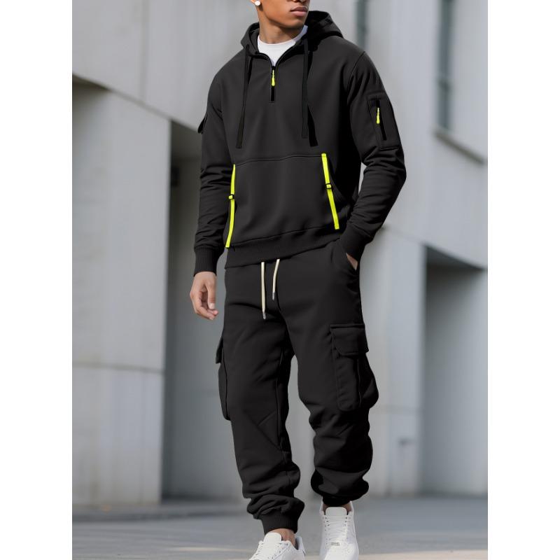Men Warm Fleece Hooded Sweatshirt And Sweatpants Casual Sports Two Piece Set
