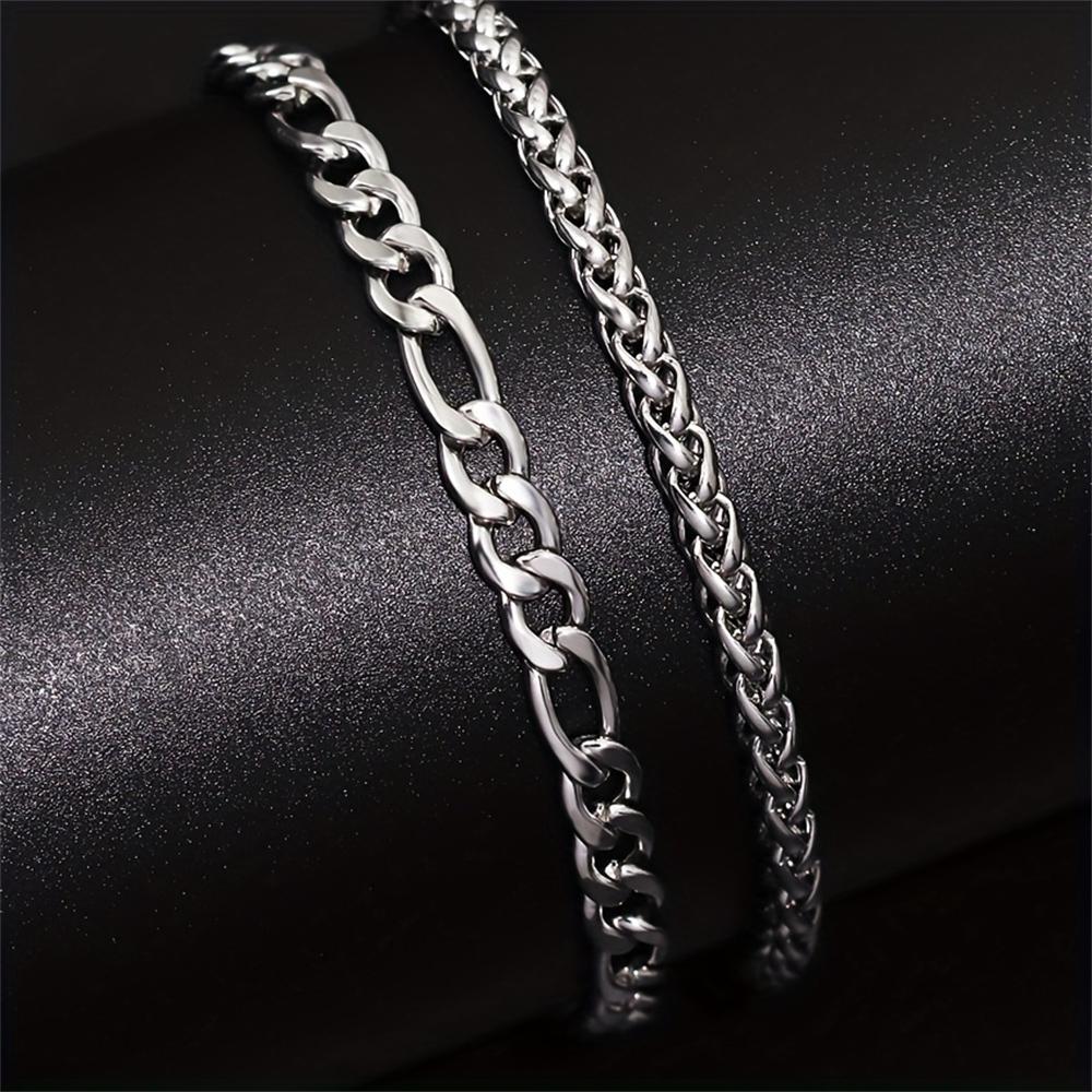 2pcs Simple Minimalist Silver Plated Stainless Steel Chain Bracelets Set for Men Fashion Glossy Street Chic Bracelet Jewelry