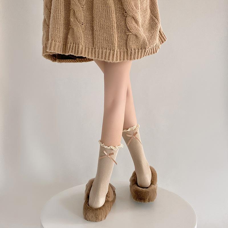 Lace Socks, Cute Mid-calf Lolita Ribbon Bow, White Pile Long Calf, Retro