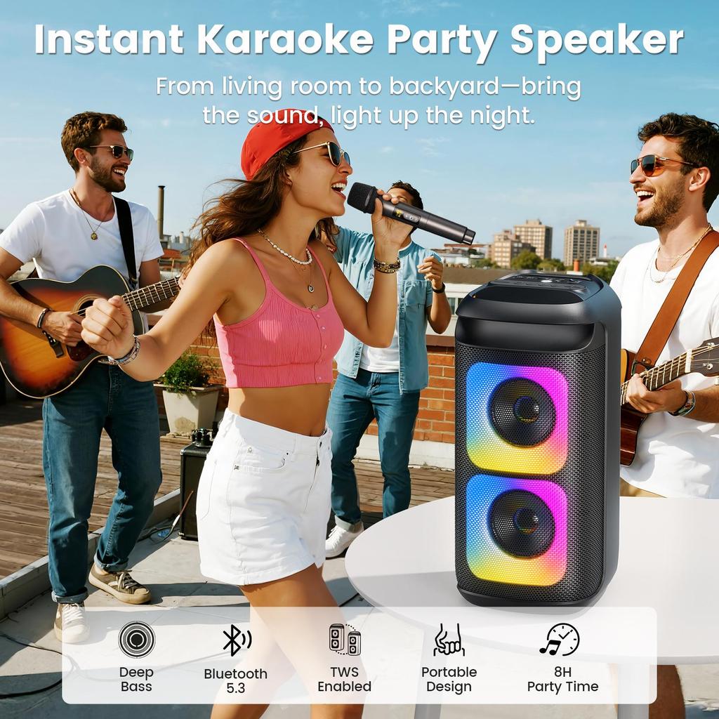 Karaoke Machine with 2 Wireless Microphones, Portable Bluetooth Karaoke for Adults, Powerful Dual 8" Subwoofer Karaoke Boombox