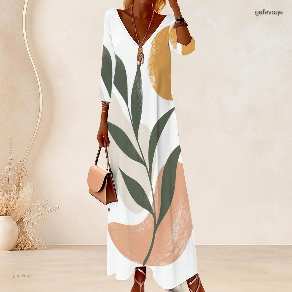 Plus Size Women V Neck 3 4 Sleeve Maxi Dress Soft Chic Casual Holiday Street Gown