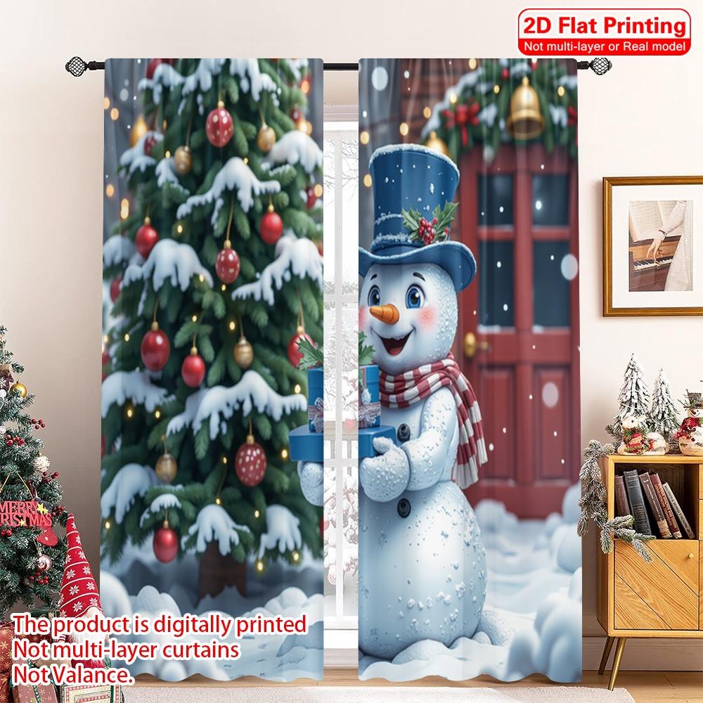 2pcs 2D flat printing Merry Christmas Popular Window Curtains Christmas Snowman Gifts Wreath Bells Polyester Fabric Without