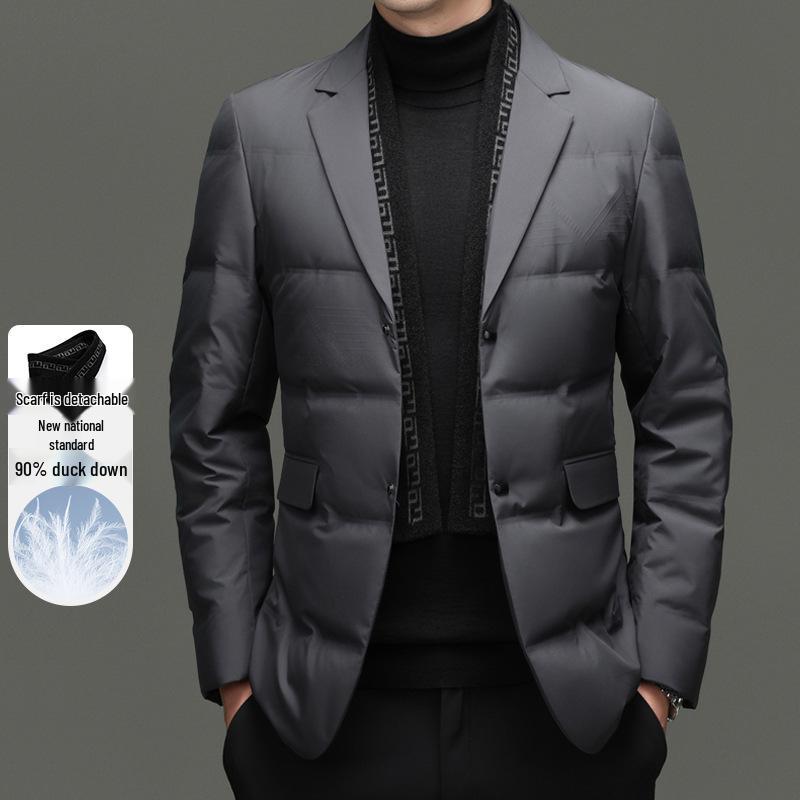 Men's Winter Suit-Style White Duck Down Jacket with Detachable Scarf, 90% Down Filled for Cold Protection and Warmth.