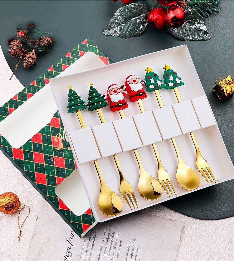 Świąteczna łyżka widelec zastawa stołowa kreskówkowy Mikołaj łyżka dziewczynka widelec do owoców urocze świąteczne pudełko prezentowe