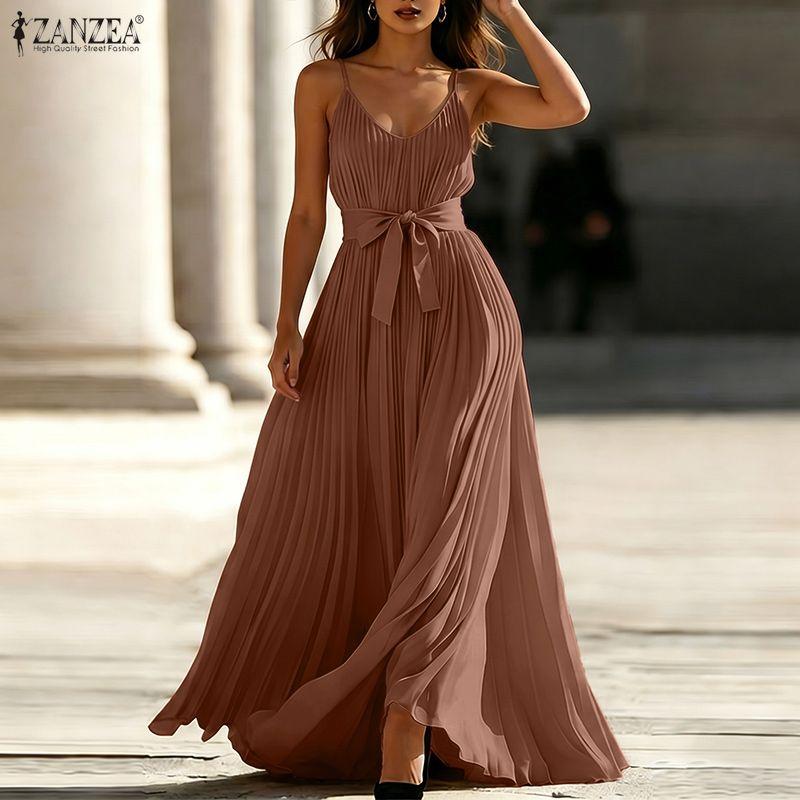 ZANZEA Bohemian Women Elegant V-Neck Straps Sleeveless Sling Long Dress