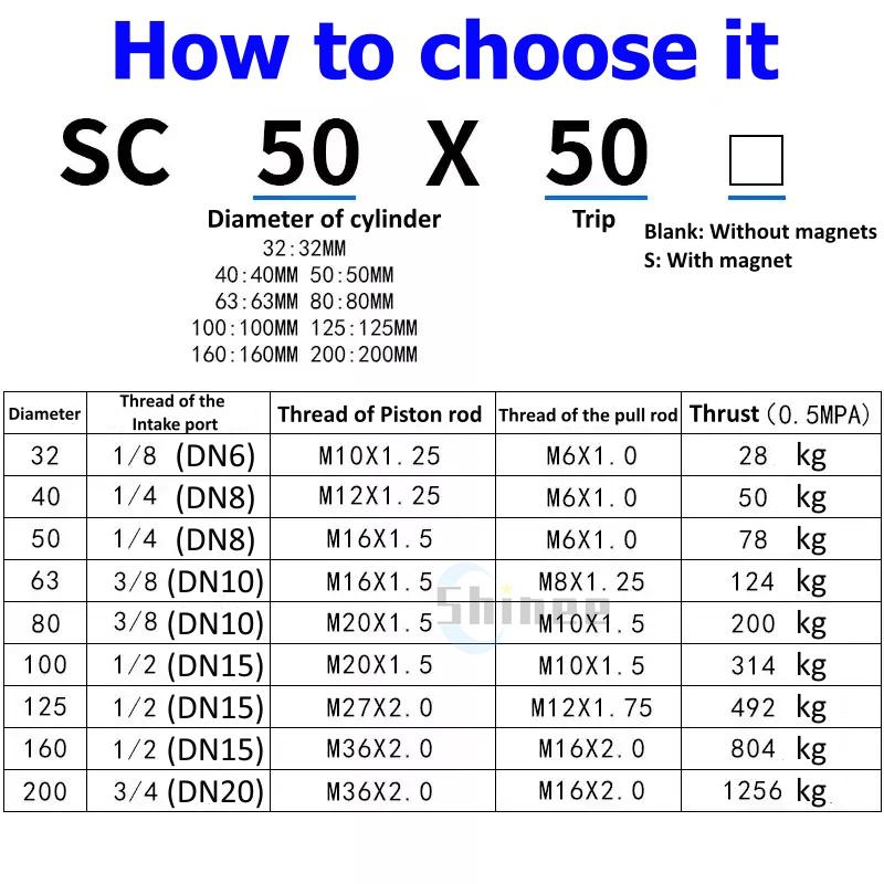 SC Standard Air Cylinder SC80/100/125/160mm Bore Small With Magnetic Pneumatic Cylinder Piston 300/400/500/600/800/1000mm Stroke