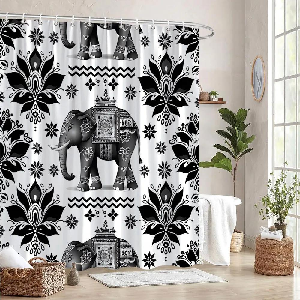 Exquisite Fashion Items Black/White Mandala Elephant Shower Curtain, Intricate Design, Symmetrical Floral Patterns, Indian Art Style, 12 Hooks