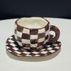 Underglaze Hand-Painted Hand-Pinched Irregular Brown Checkerboard Ceramic Coffee Cup Saucer Exquisite Afternoon Tea Cup Saucer Set