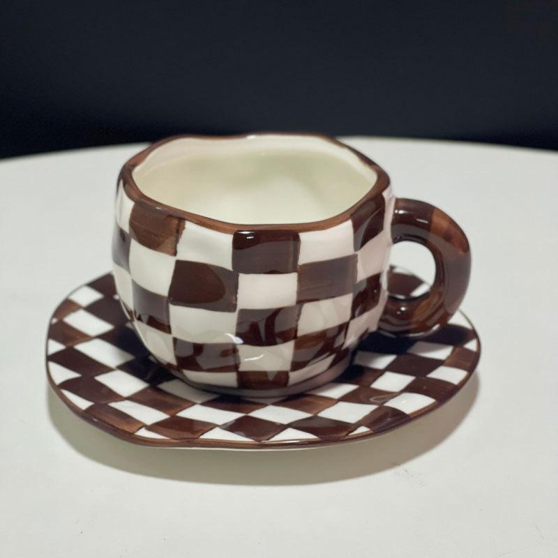 Underglaze Hand-Painted Hand-Pinched Irregular Brown Checkerboard Ceramic Coffee Cup Saucer Exquisite Afternoon Tea Cup Saucer Set