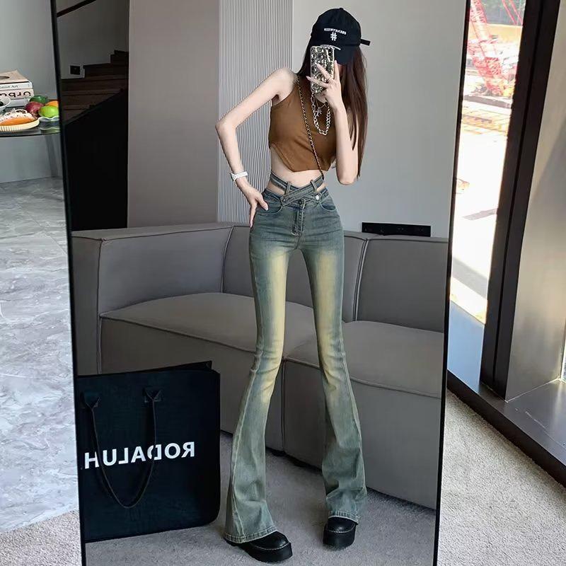 Women's Retro High-Waist Flared Jeans: Autumn/Winter Slim Fit Horseshoe Pants