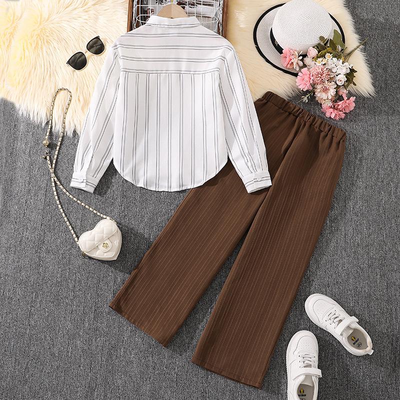 Children's Clothing Autumn New Children's Lapel Striped Long Sleeve Shirt Top Pants Boys and Girls Set