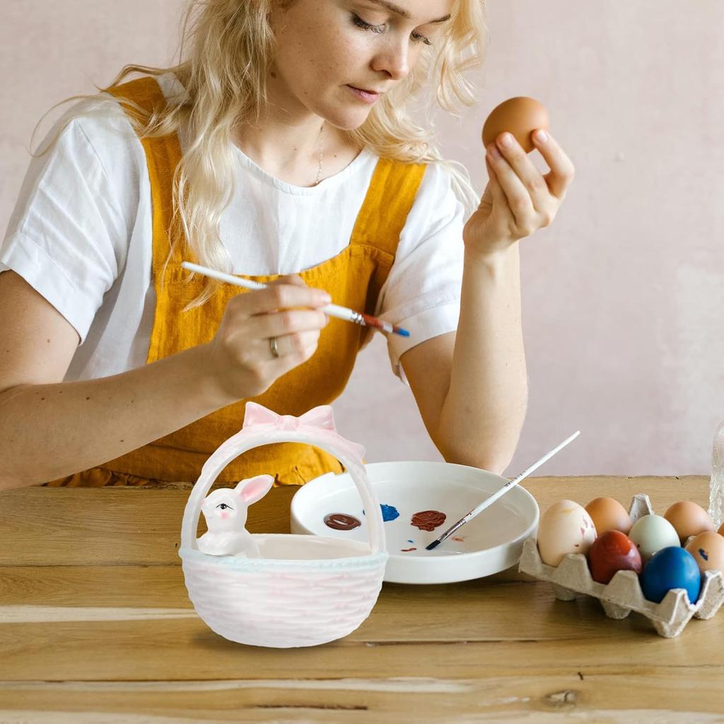 Easter Candy Dish: 1pc Ceramic Bunny Bowl with Handle, Pink Easter Rabbit Home Decor Basket Bunny Candy Bowl, Rabbit Figurine Landscap Ornament for