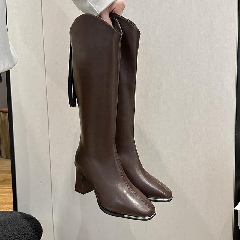Fashion 2024 Winter Knee-High Boots for Women Square Toe Knight Boots Split Leather Women Shoes High Heels Concise Boots Botas De Mujer