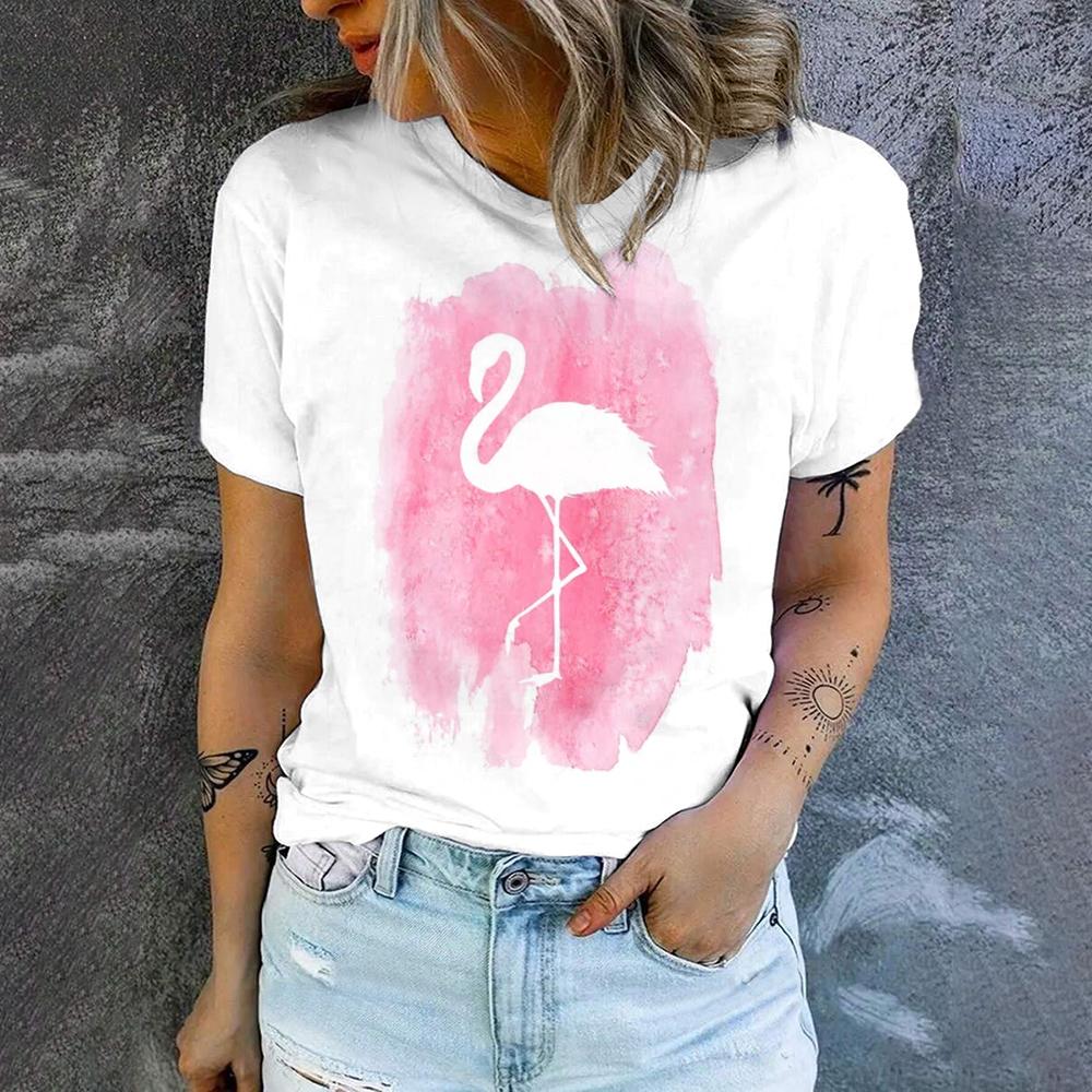 

Високоякісна вільна зручна футболка з круглим вирізом Літня повсякденна футболка з принтом фламінго з короткими рукавами, новий модний тренд, жіноча футболка M