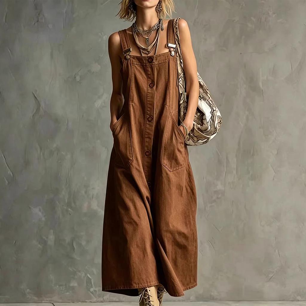 Women’s Sleeveless Button Front Overall Dress with Adjustable Straps and Large Patch Pockets Casual Loose Fit Long Skirt
