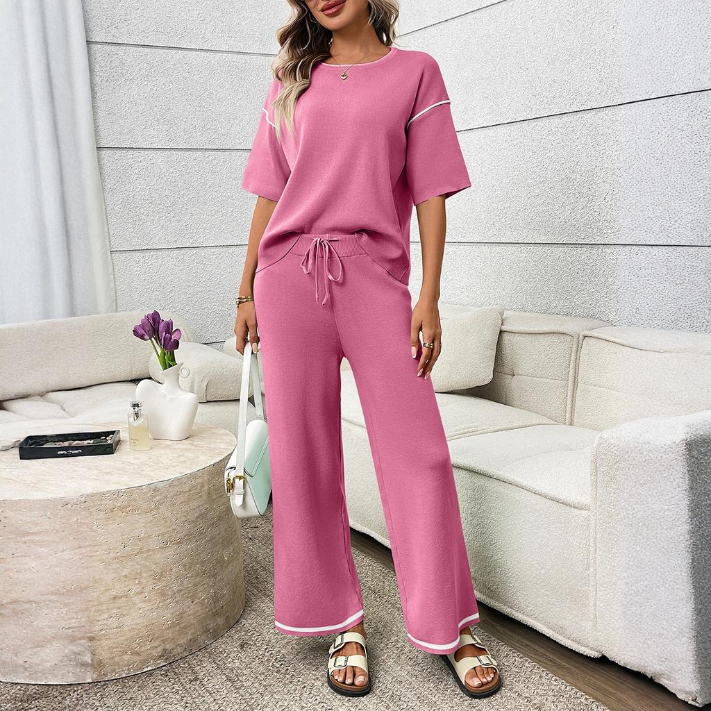 Dámský módní barevný kulatý výstřih krátký rukáv Top, Kalhoty Ležérní dvoudílná sada