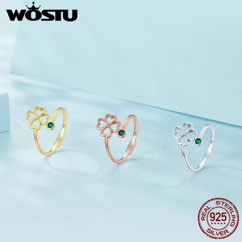 WOSTU 925 Sterling Silver Exquisite Zircon Hollow Four-leaf Clover Open Ring for Women Fine Jewelry Gift