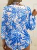 Fashionable Deep V Neck Long Sleeve Tulle Cover Up With Printed Halter Neck Tie Side Bikini 3 Piece Beach Vacation Swimwear Set