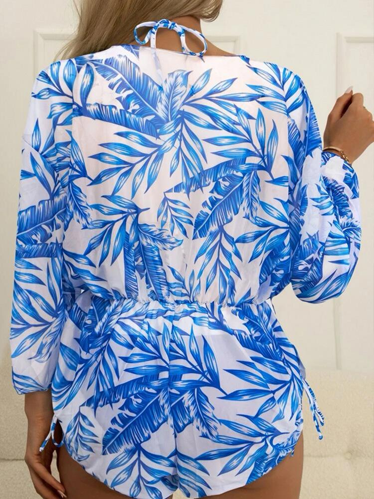 Fashionable Deep V Neck Long Sleeve Tulle Cover Up With Printed Halter Neck Tie Side Bikini 3 Piece Beach Vacation Swimwear Set