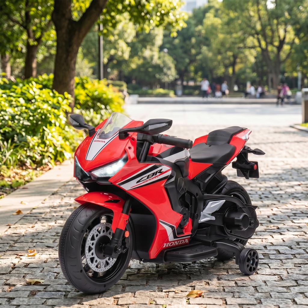 Electric Motorcycle for Children, Licensed Honda, 6 V, 3 km/h, Music, Lights, 2 Training Wheels, Red