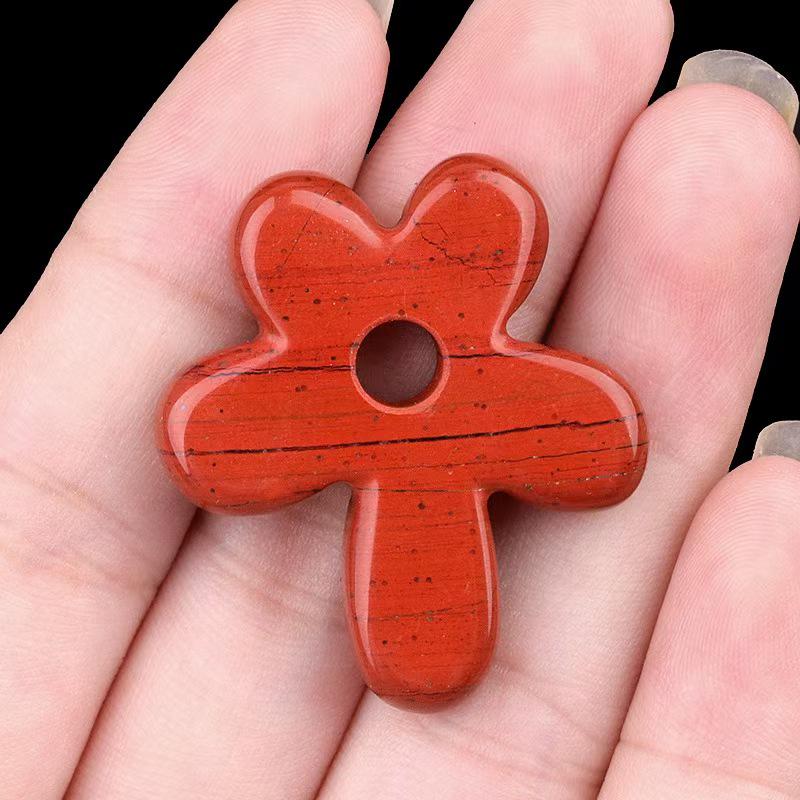 Purple Pink White Crystal Agate Tiger Eye Carved Five-Petal Flower Pendant Necklace