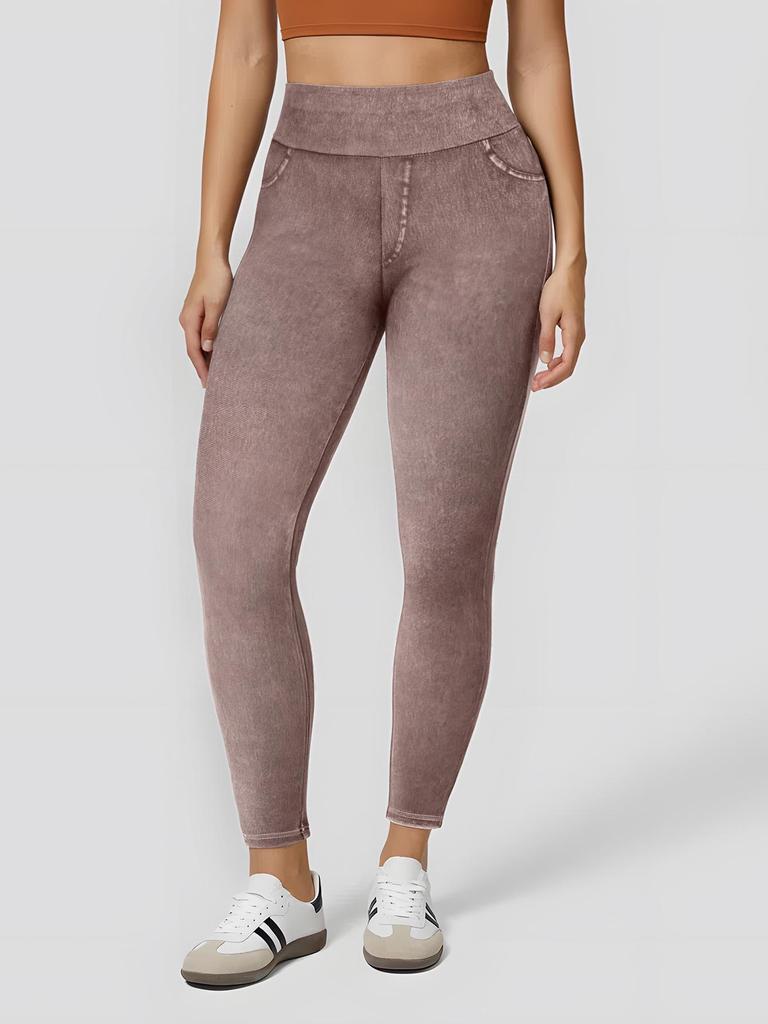 European-Style Faux Denim Yoga Pants: Slimming, High-Waist, Tummy Control, Leg-Lifting, Hip-Enhancing with Pockets.