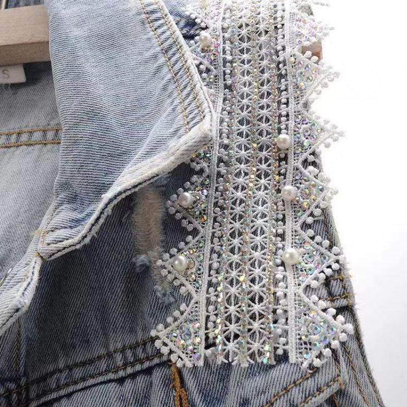 Spring Lace Denim Vest Women's Short Sleeveless Vest Jacket Waistcoat Top