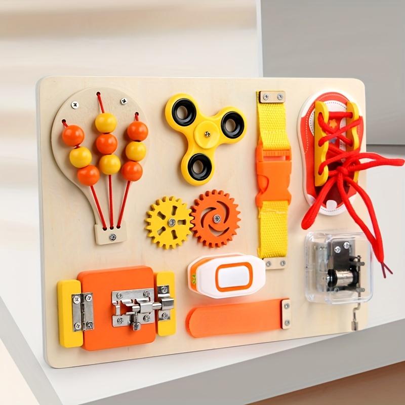 Wooden Hot Air Balloon Busy Board Sensory Play Toy with Locks, Gears Ropes, Orange Yellow Spring Theme, Ideal Birthday Gift for Youngsters