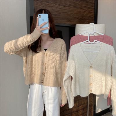 Autumn Design Sweater Twist V-Neck Short Long Sleeve Top Versatile Knitted Cardigan Loose Wind Jacket Women's Clothing