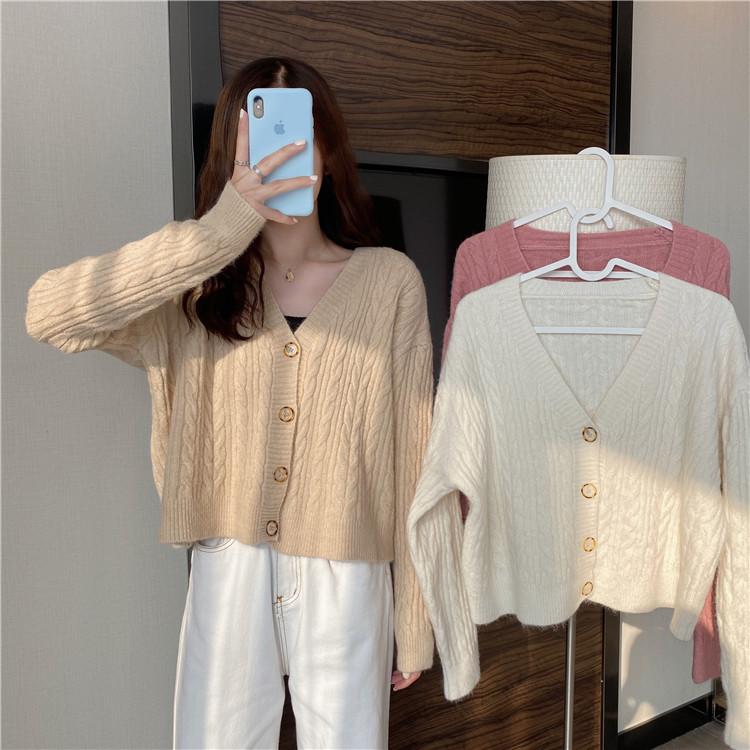 Autumn Design Sweater Twist V-Neck Short Long Sleeve Top Versatile Knitted Cardigan Loose Wind Jacket Women's Clothing