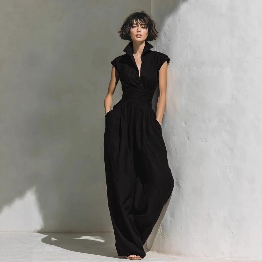 New Women's Solid Color V-neck Sleeveless Waisted Long Dress, Popular for Cross-border Independent Stations & Amazon