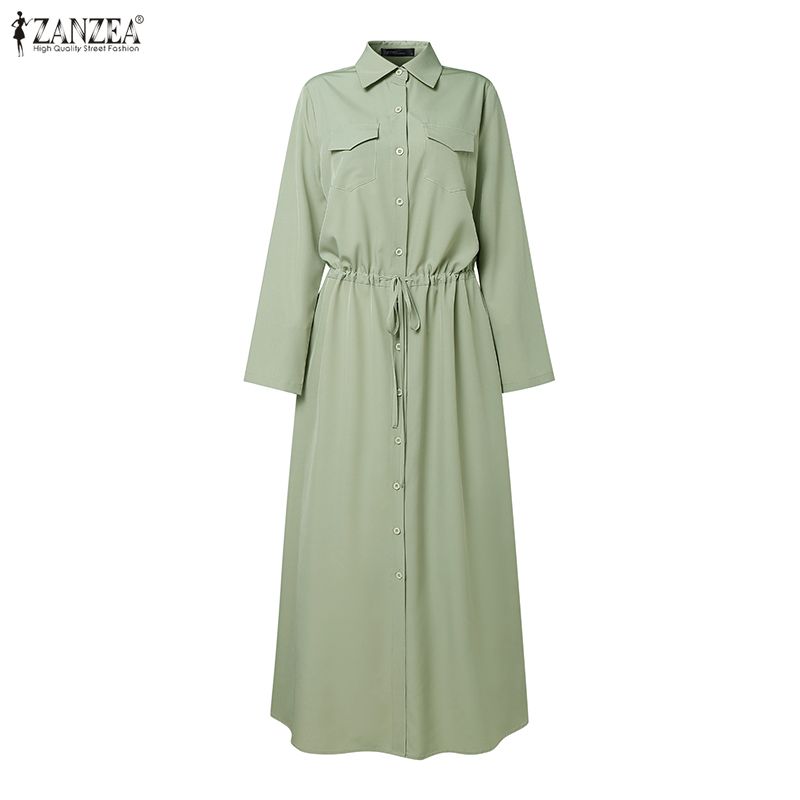 ZANZEA Women Casual Turn Down Collar Long Sleeve Loose Long Shirt Dress