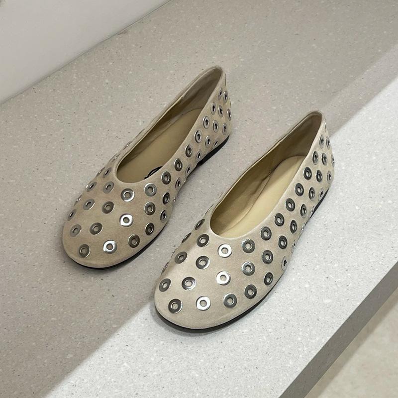 Cowhide version~ French niche design round head metal decoration fashion ballet flat shoes women's pedal cool single shoes
