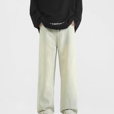 Hong Kong Style Semi-elastic Waist Jeans for Men and Women Straight Loose Street Versatile American Wide-leg Pants