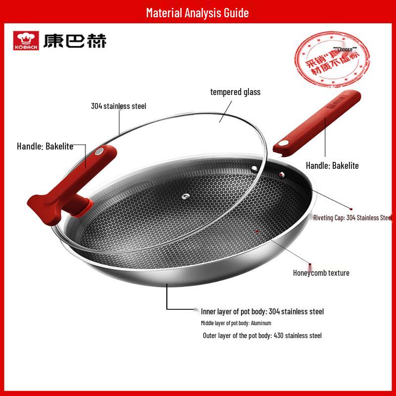 KBH 304 Stainless Steel Non-Stick Honeycomb Stir-Fry Wok
