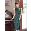 Green mesh yarn new Chinese Hong Kong style sleeveless long cheongsam 1011 summer new slim and thin young girl
