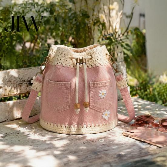 Stylish Commuter Handbag for Travel Denim Crochet Bucket Bag, Crossbody Bag with Daisy Embroidery, Boho Purse Drawstring Shoulder Women