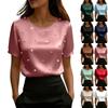 Women's Satin Pearl-embellished  Color Blouse, Silky Round Neck, Short Sleeves, Loose Fit, Casual Formal Shirt.