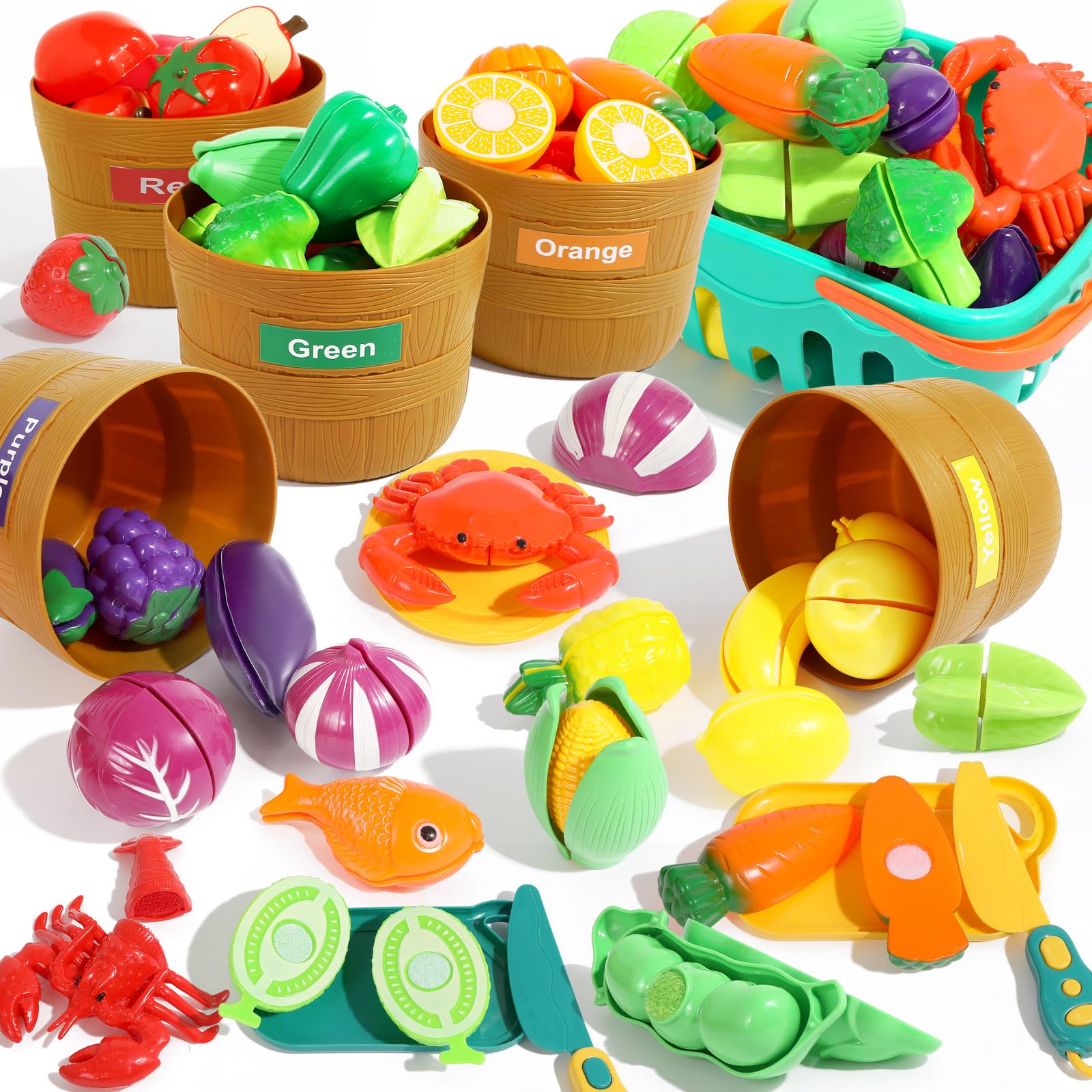 

Pretend Play Kitchen Set with Fruit and Food Cutting 5 Colorful Sorting and 5 Colorful Food Sorting A Great Gift for Includes Cuttable Food and