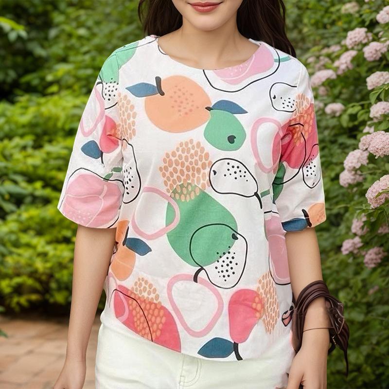 ZANZEA Women Print Casual Round Neck Loose Summer Half Sleeve Blouse